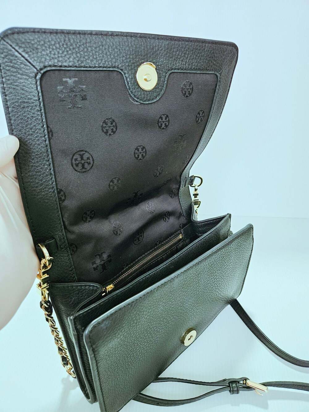 Tory Burch Landon Crossbody Bag Black Pebbled Leather Purse - Picture 15 of 16